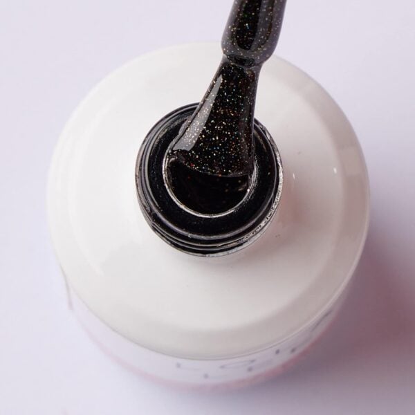 A luscious glitter speckled black gel polish