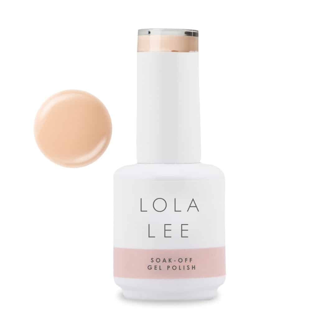 Lola Lee Pretty Darn Good peachy nude gel polish bottle and colour swatch