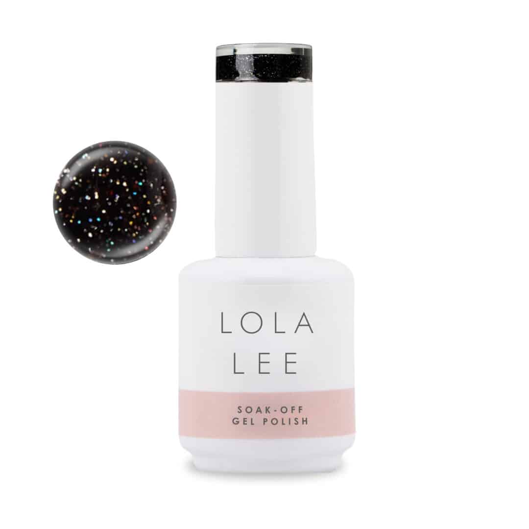 A luscious glitter speckled black gel polish