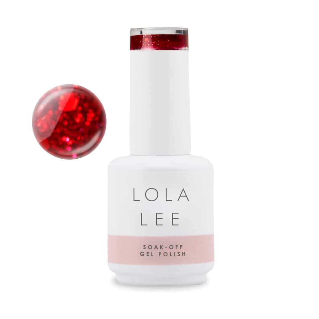 Lola Lee Gel Polish 183 bottle with red glitter colour swatch
